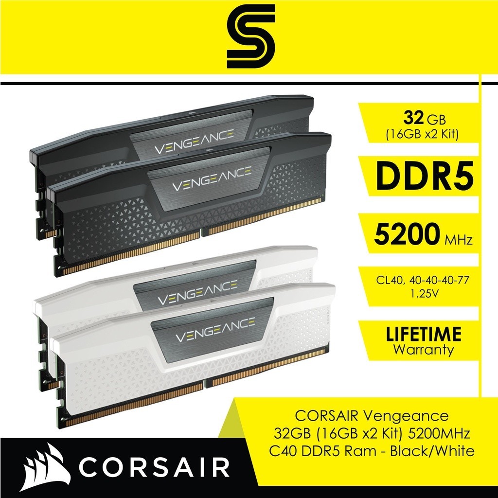 CORSAIR Vengeance 32GB (16GB x2 Kit) 5200MHz C40 DDR5 Ram - Black