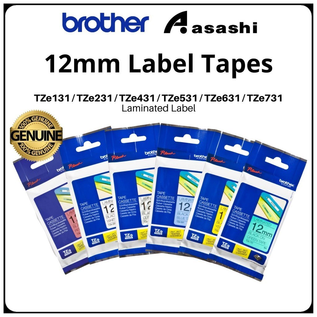Brother 12mm Label Tapes TZe131 / TZe231 / TZe431 / TZe531 / TZe631 ...
