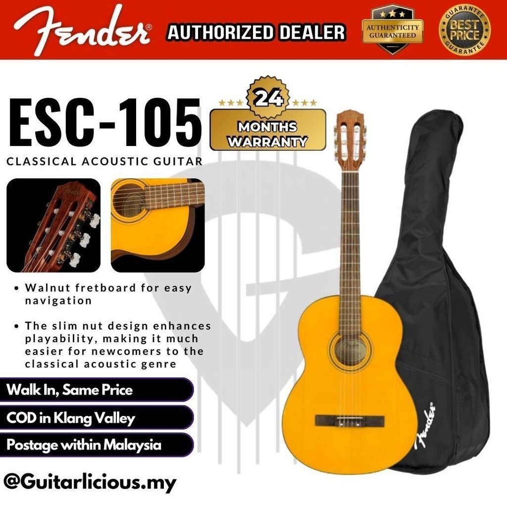 Fender ESC-105 Educational Series Classical Acoustic Guitar, Nylon ...