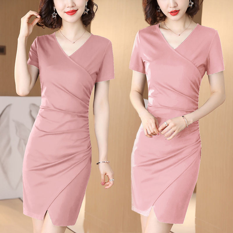 Short-sleeved Dress Women's V-neck Split Mid-length Women's Fairy Skirt ...