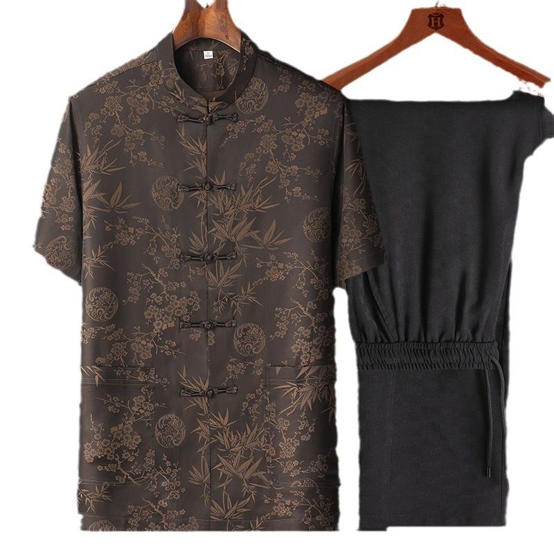 Men's Dragon Print Silk Satin Tang Shirt - Short Sleeve Button-Up - Casual Chinese Tops