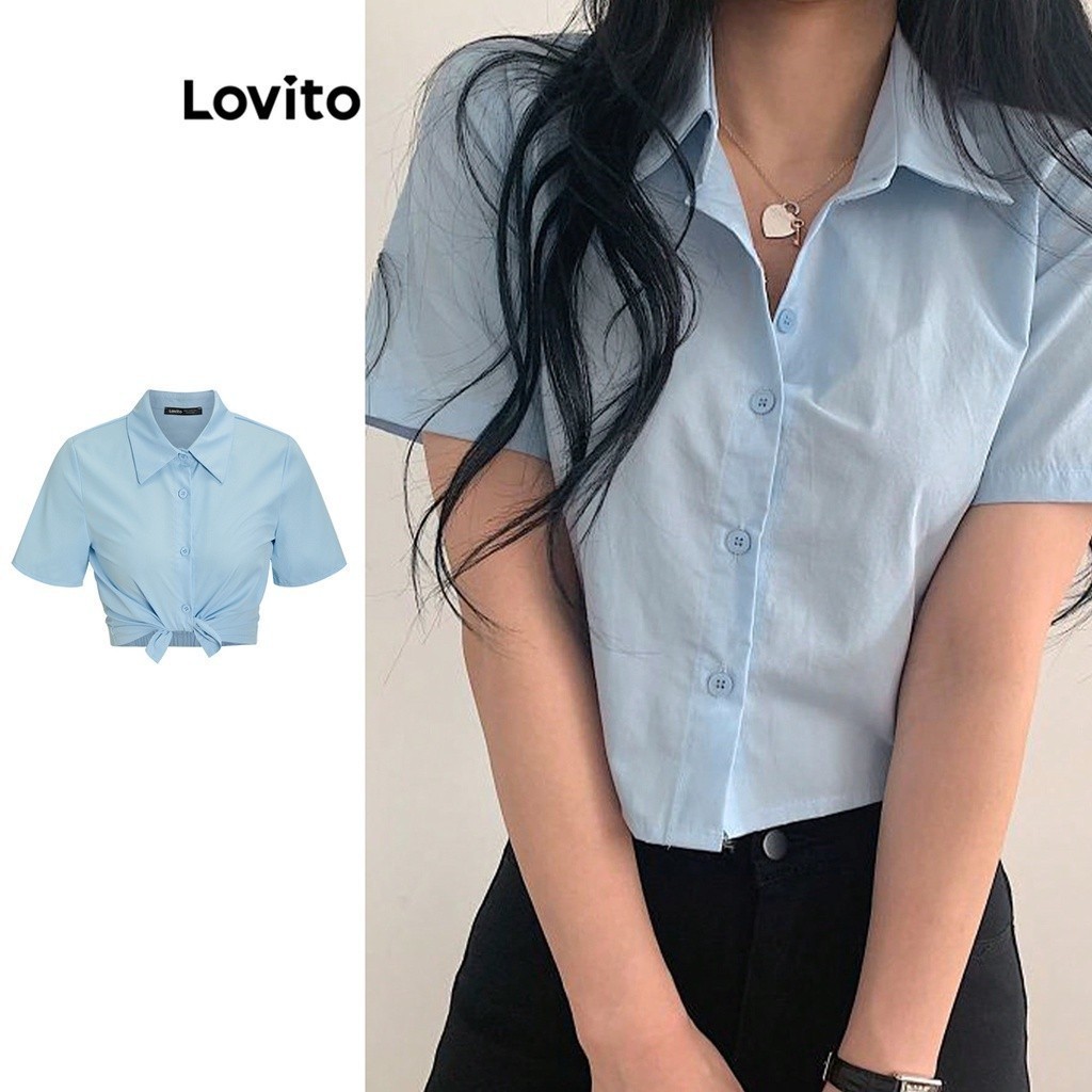 Lovito Casual Plain Basic Blouse for Women L67AD008 (Blue) Blus Dasar ...