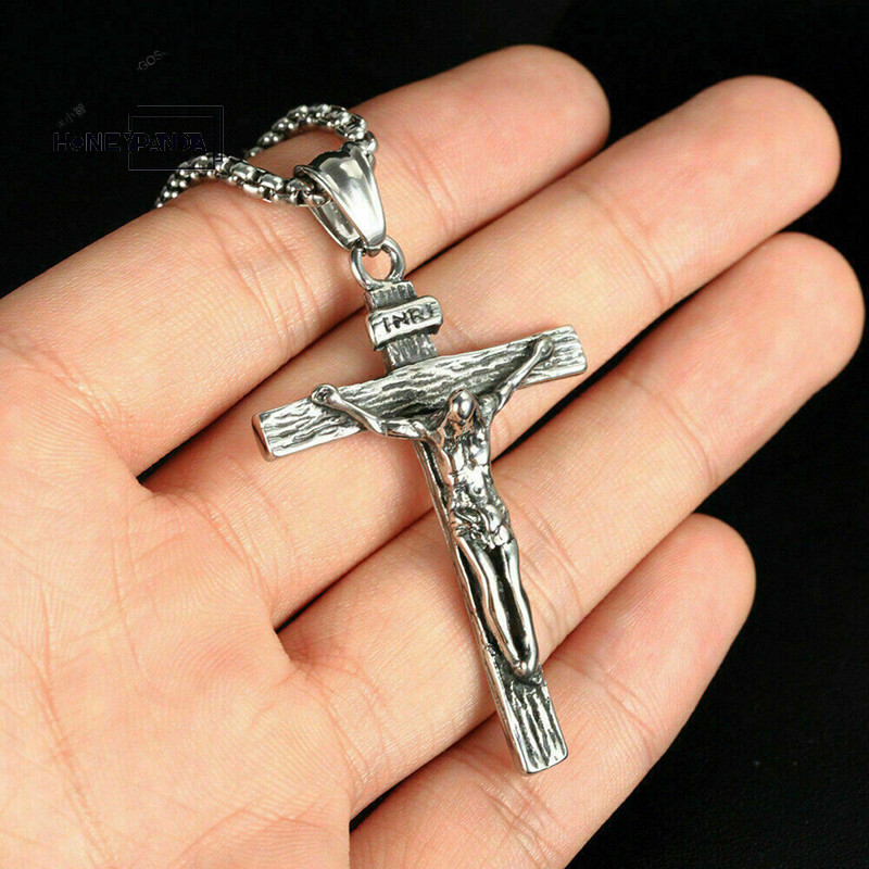 Mens Stainless Steel Jesus Christ Face Crucifix Cross Pendant Necklace – Silver