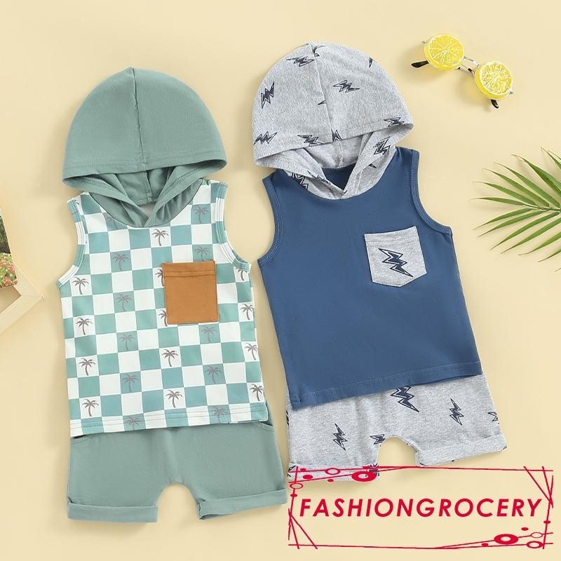 FASHION-Toddler Baby Boy 2 Piece Set Summer Sleeveless Plaid Print ... image.
