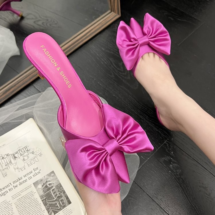 Spring Pointed Toe 2024 Half Slippers Bowknot Cat Heel Female Lazy ...