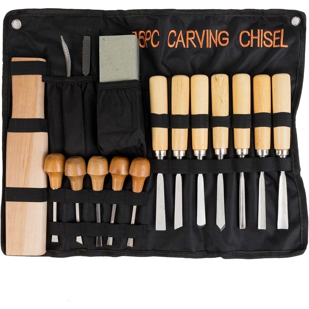 Wood Carving Tools Set of 16 Chisels with Canvas Case,Gouges and