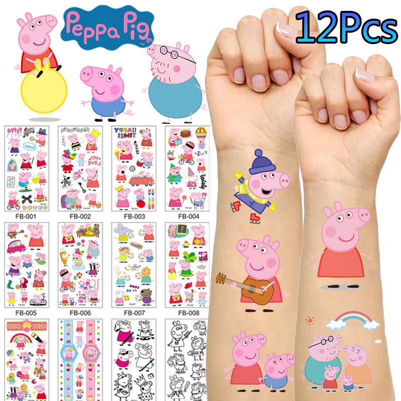 12Pcs Peppa Pig Tattoo Stickers Waterproof Sunscreen Cute Stickers Cartoon Animation Adult/Kids ...