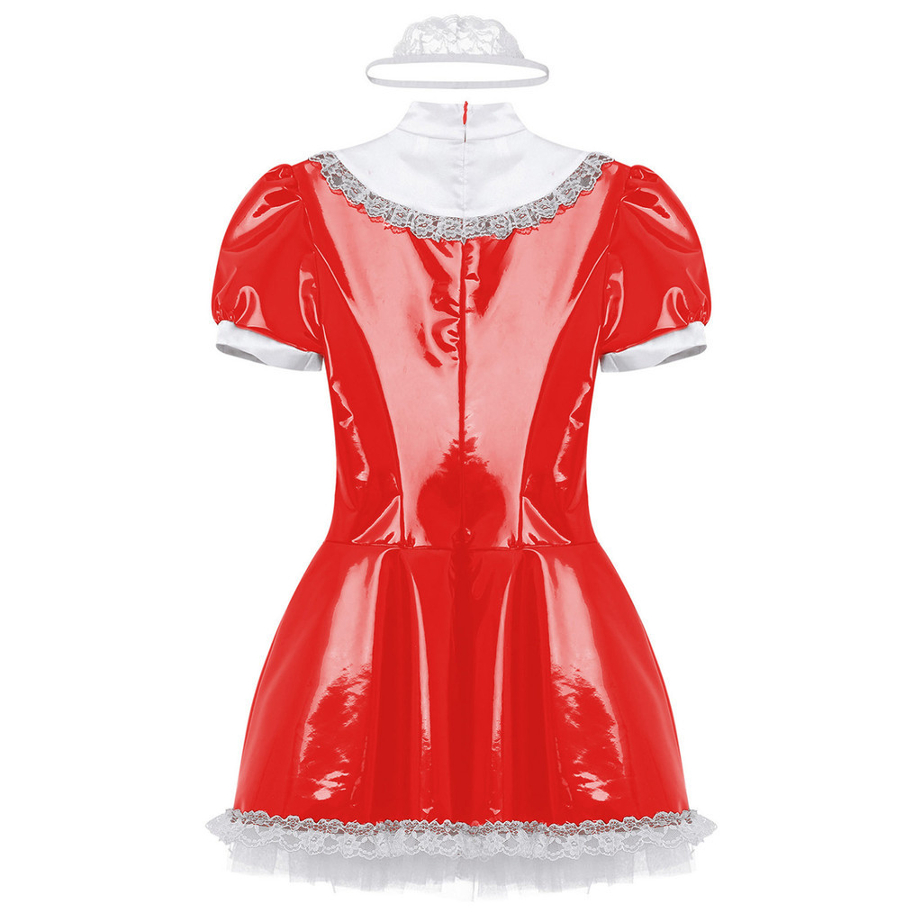 inhzoy Womens Glossy Patent Leather Maid Dress with Lace Headband Ruffles  Lace Apron Puff Sleeve A-Line Dress for Dating Night Clubwear | Shopee  Malaysia