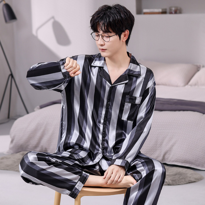 Men Plus Size 3XL 5XL Silk Satin Loose Pyjamas Set Male Long Sleeve Loose Sleepwear Pajamas Nightwear Homewear Shopee Malaysia