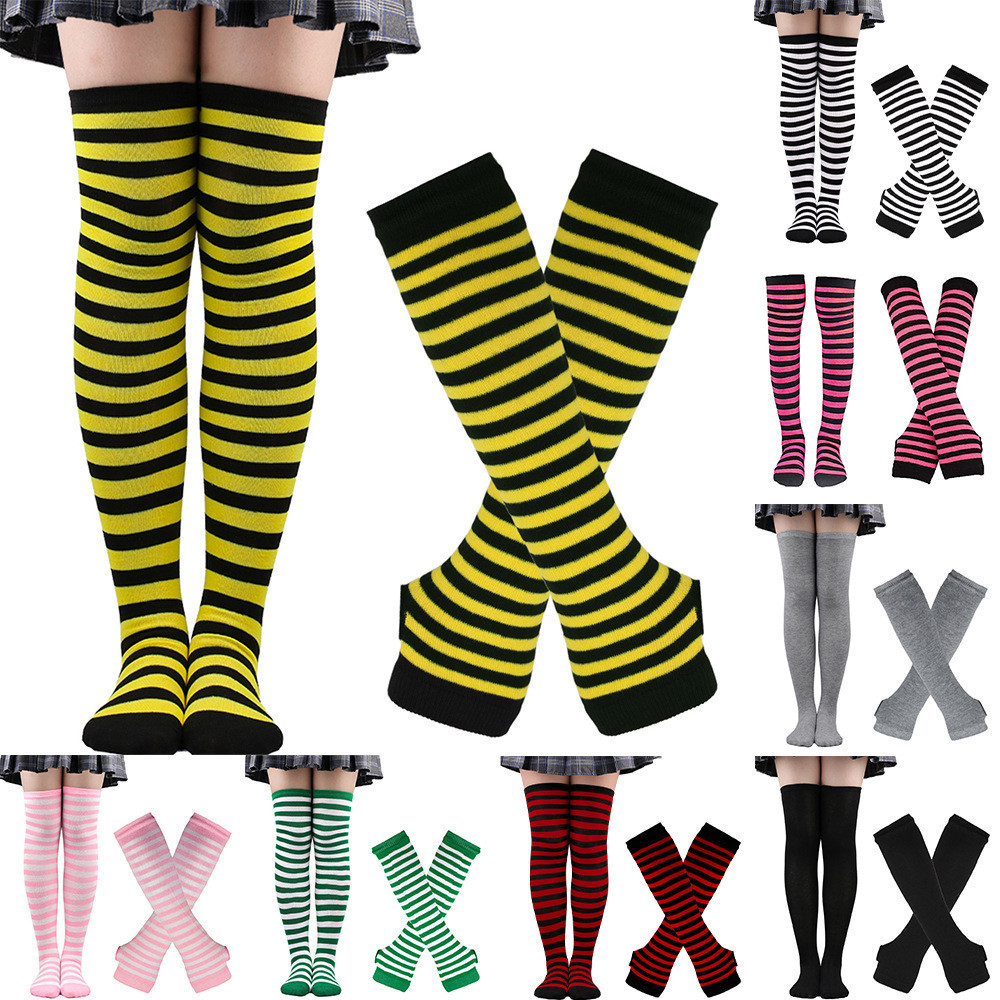 Candy Cane Socks Sorrowso Women Multicolored Striped Thigh High Socks Arm Warmers Set Winter Party Knitted Over Knee Stockings Fingerless Gloves Rainbow Socks