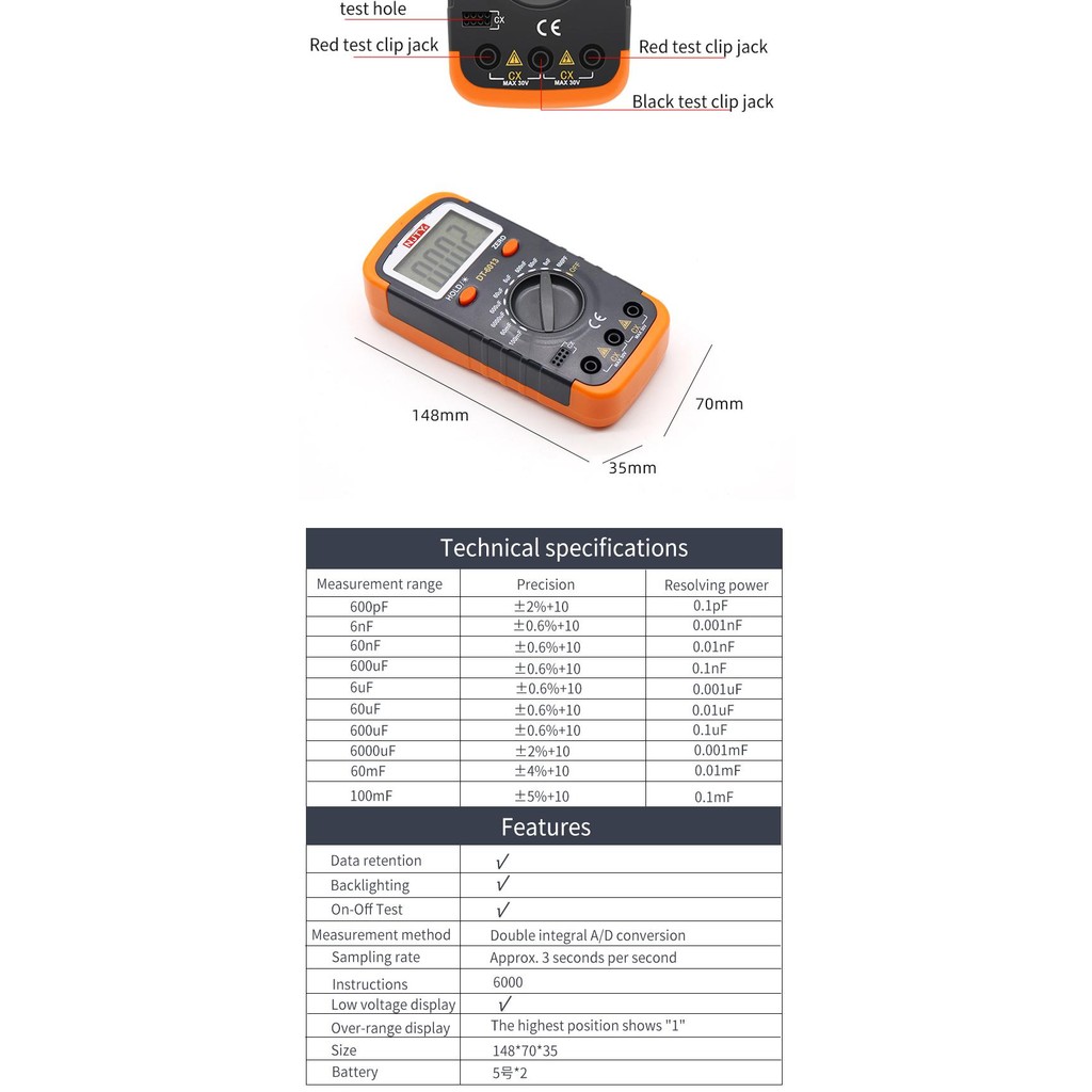 NJTY Digital Capacimeter 6000 counts Capacitor Capacity Meter Lcr ...