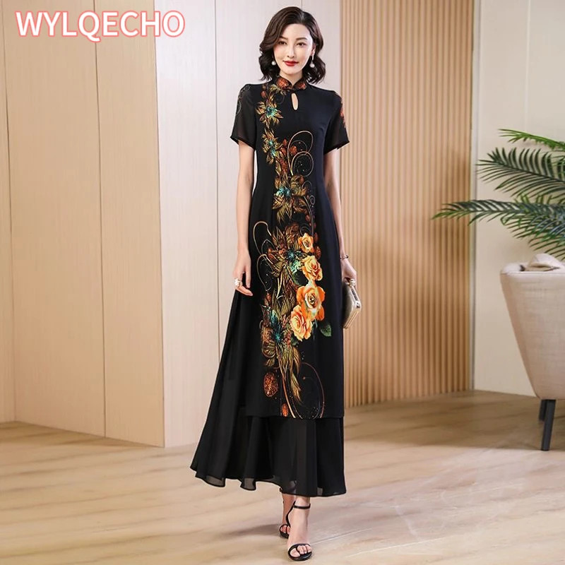 Blue Floral Print AoDai A-Line Cheongsam Dress