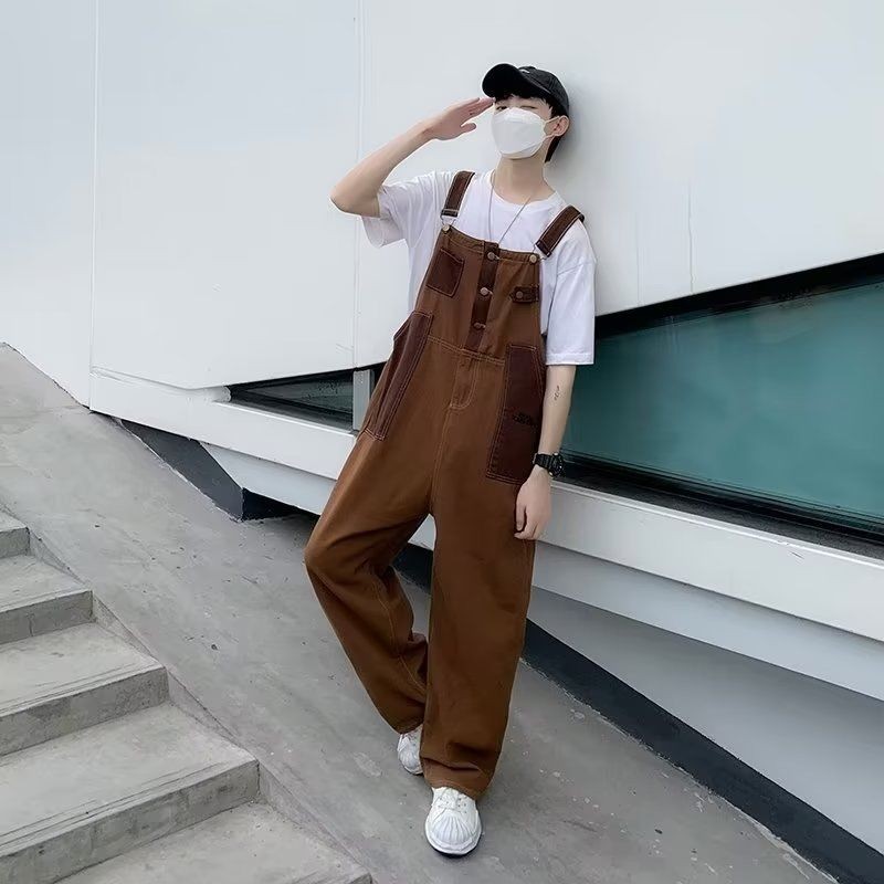 American Retro Brown Brown Overalls Men Japanese vintage Overalls Men ...