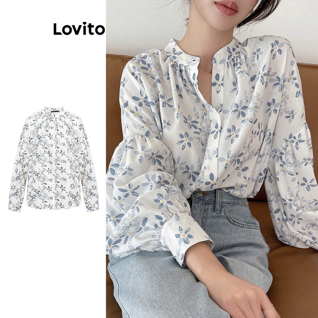 Lovito Boho Ditsy Floral Draped Structure Line Bishop Sleeve Blouses ...