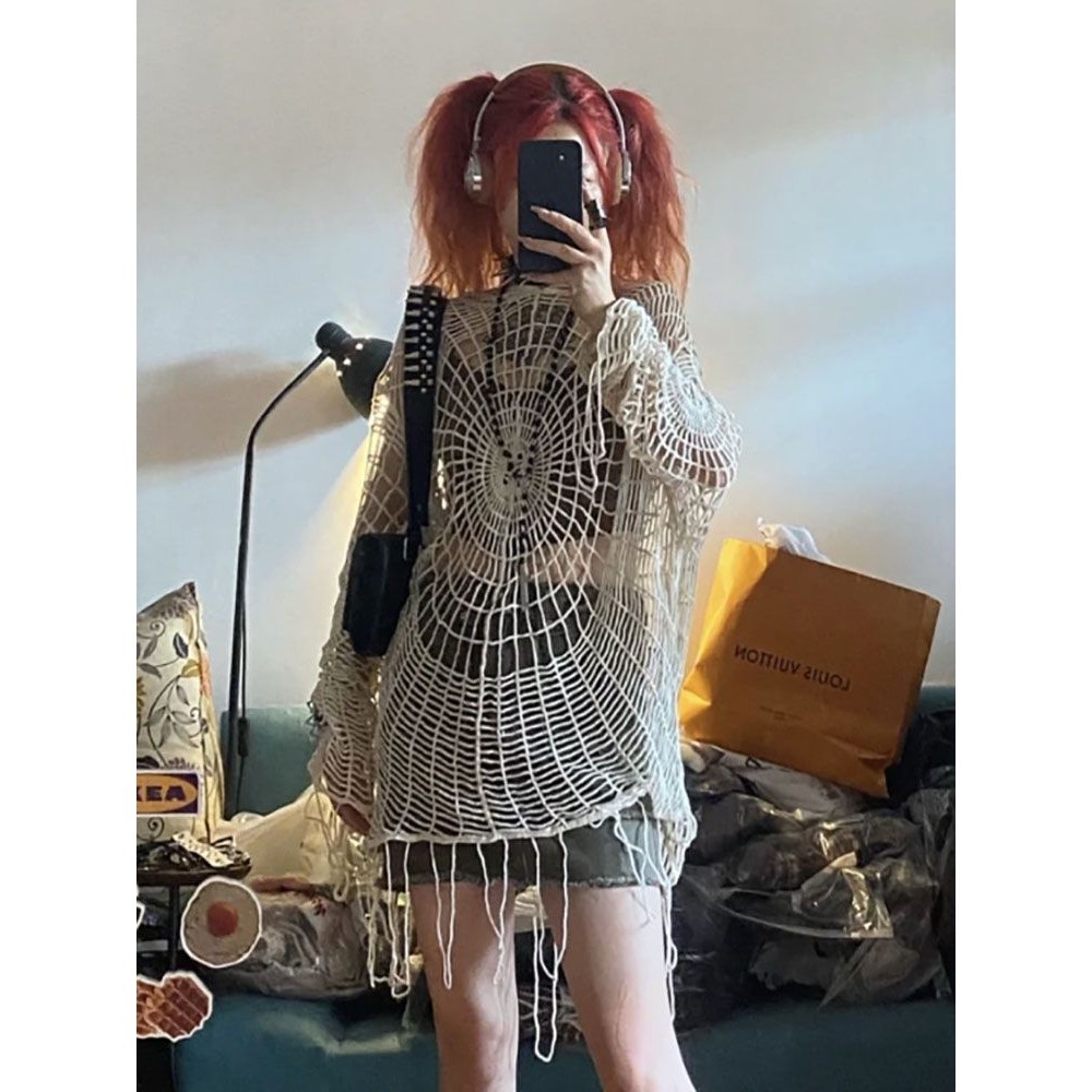 Semalam Hollow Knitted Spider Web Summer Top Unique Top Fishnet Niche ...