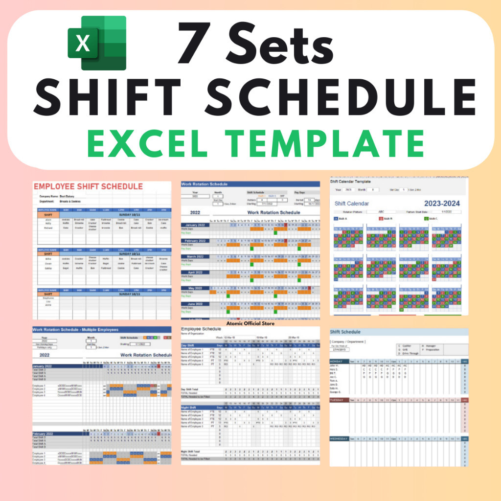 JGD INSTANT 7 Set Shift Schedule Excel Template : Employee Calendar ...