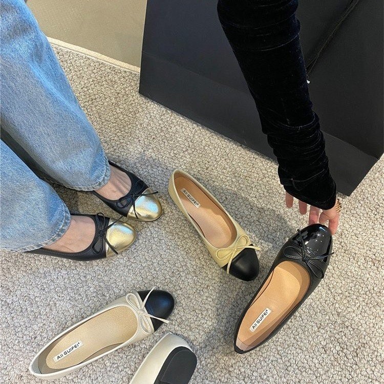 Bow Round Toe Flat Shoes Women PU Rubber Soft Sole Lazy Shoes Round Toe ...