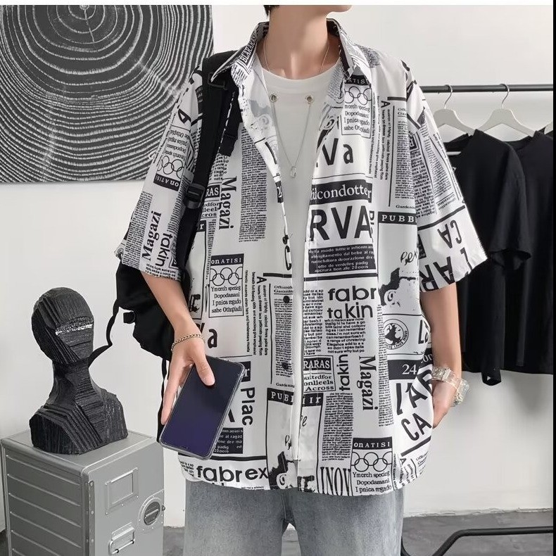 Summer Korean Fashion Men's Trend Short sleeved Hawaiian Shirt Abstract ...