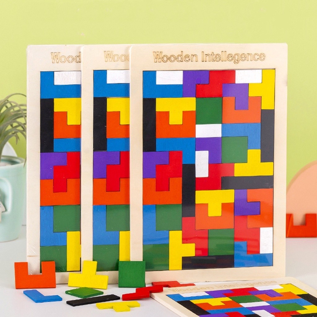 Wooden Russian Blocks Puzzle Color Cognition Kids Boarding Game Tangram ...