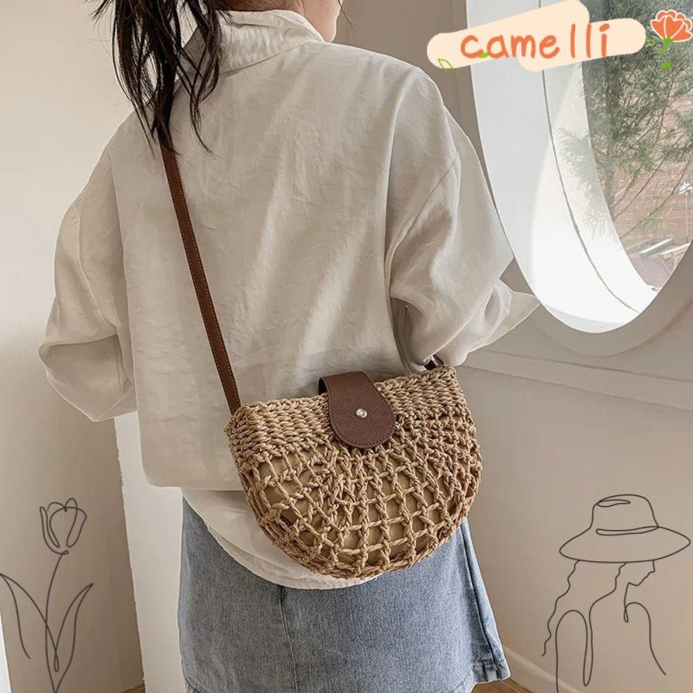 CAMELLI Summer Straw Bag, Women Fashion Semicircle Crossbody Bags