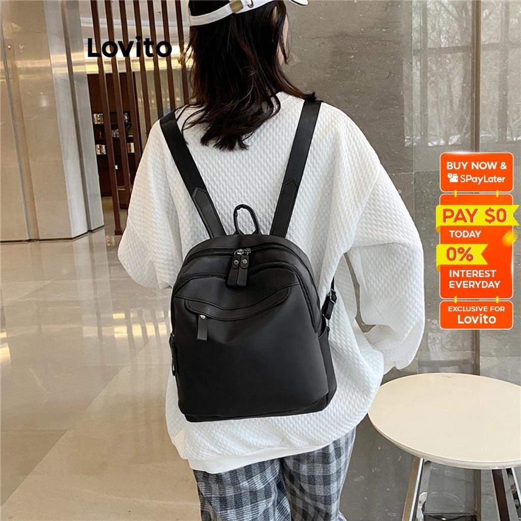 Lovito Casual Plain Zipper Pocket Backpack for Women L60AD124 (Black ...