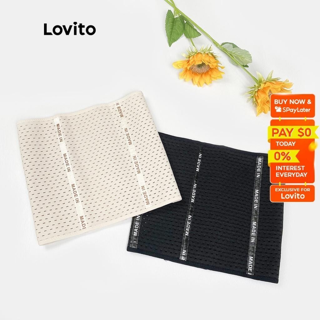 Lovito Casual Letter Print Breathable Sweat Band Girdle Waist Trainer Corset  L00004 (Black/Beige)