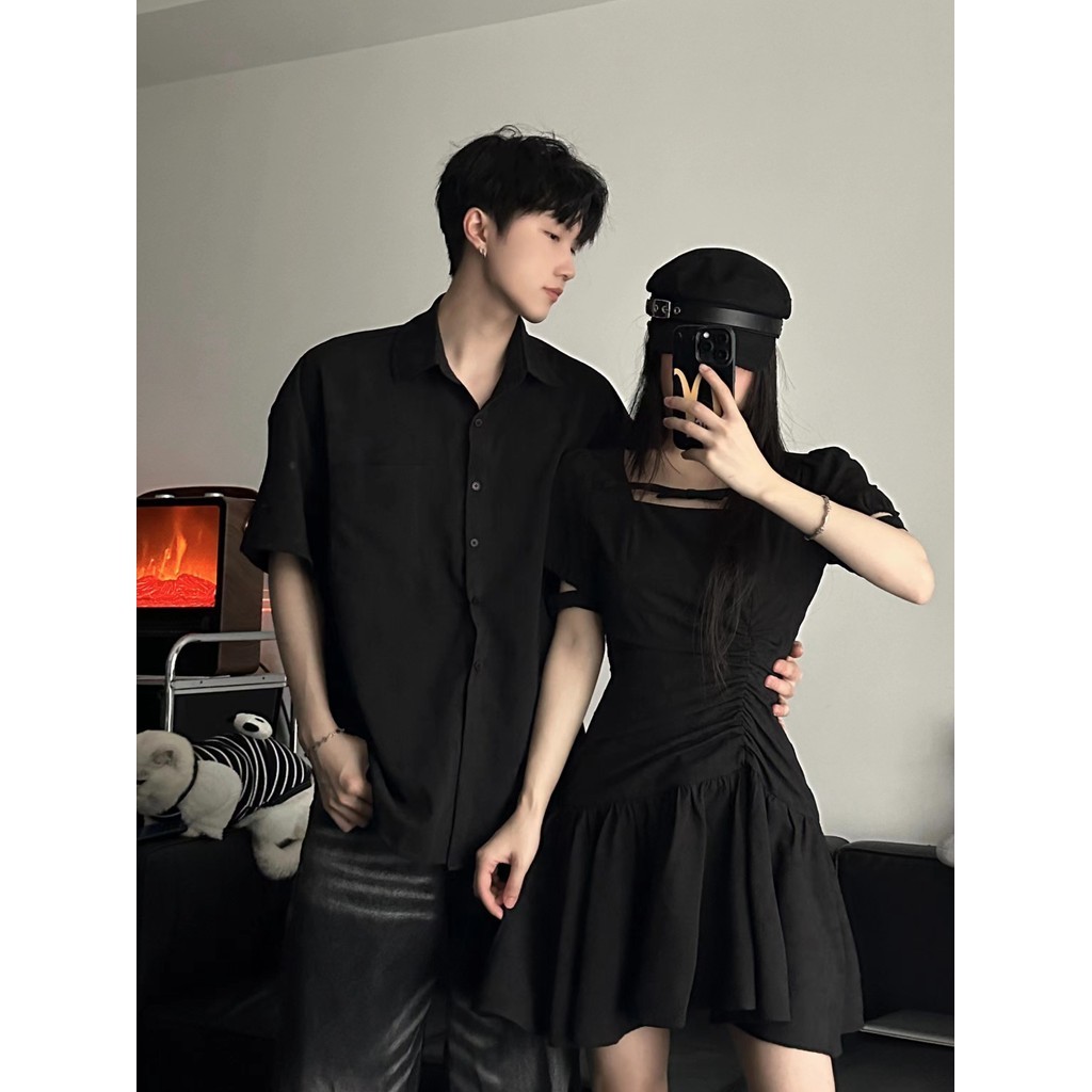 Lover Island Dark Style Couple Wear 2024 New Style Black Truffle French Slimmer Look Black Dress High End Hepburn Style Little Black Dress Men Short Sleeved Shirt Couple Suit Shopee Malaysia