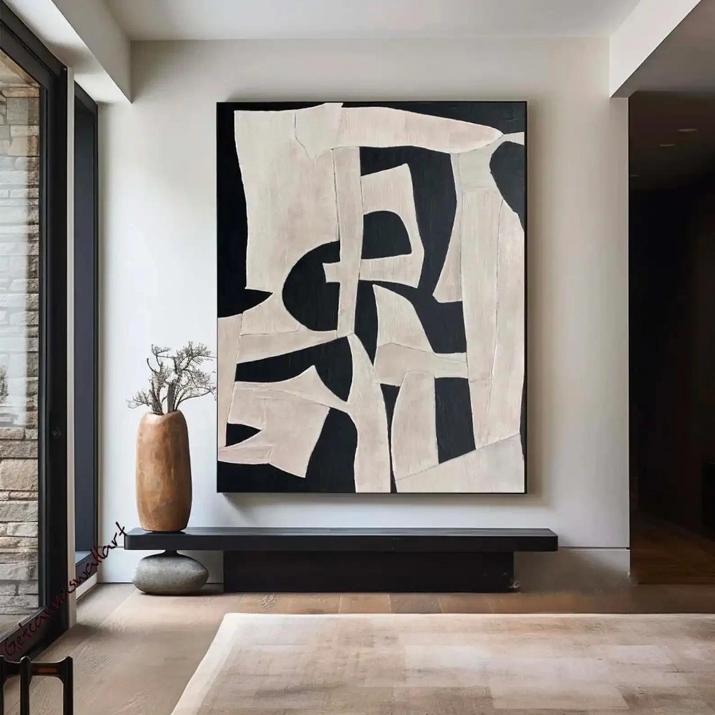 Beige Wabi Sabi Wall Art Black Beige Abstract Painting Handmade ...