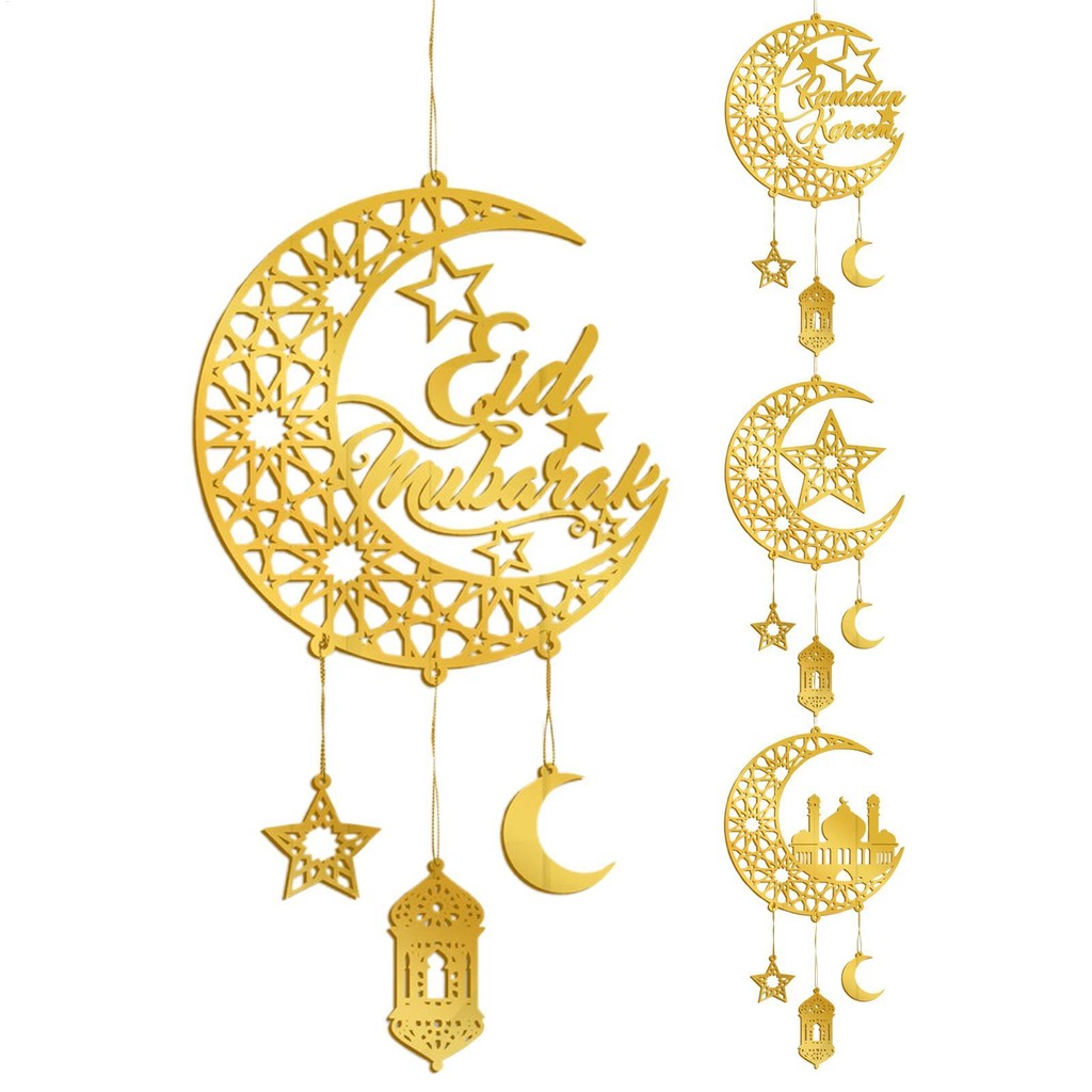 Eid Mubarak Acrylic Gold Pendant with Hanging Rope: Moon & Star ...