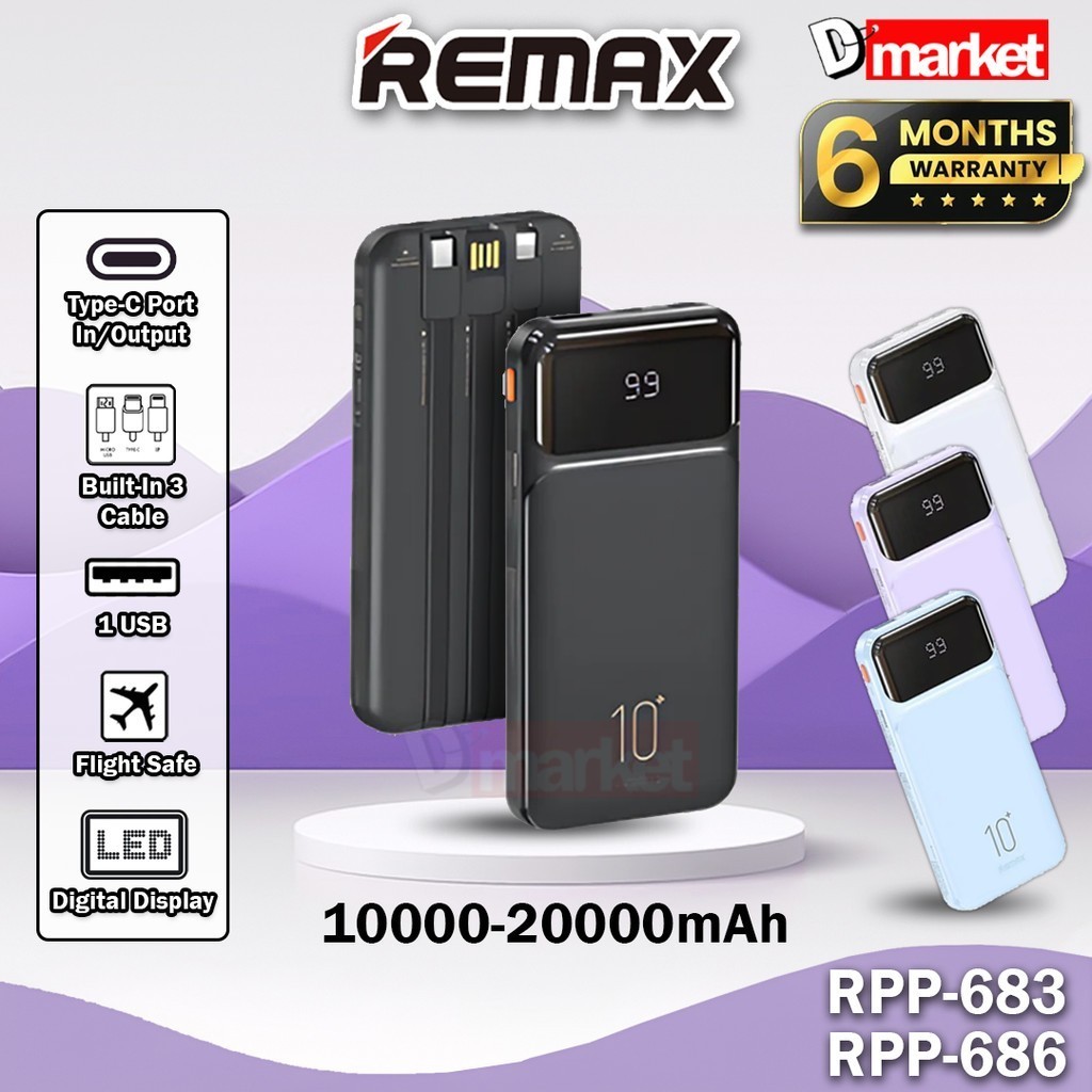Remax RPP-683 10000mAh Powerbank 2.1A Built-in Cable Power Bank Remax ...