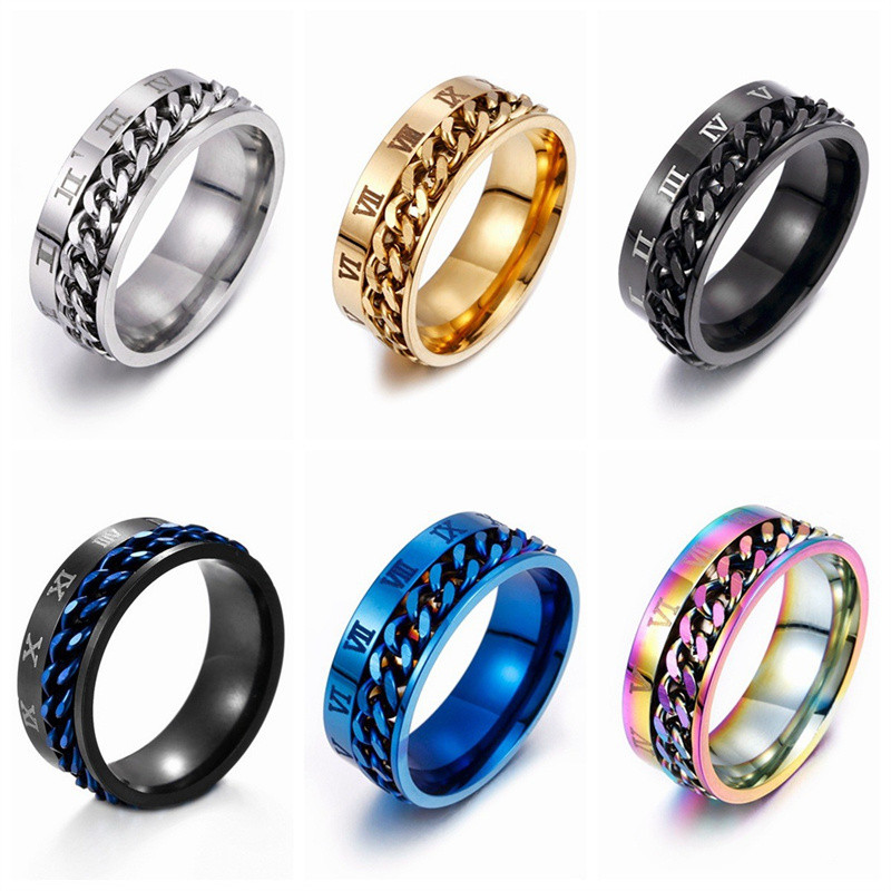 Roman Numerals Stainless Steel Chain Rotating Anxiety Black Rings for ...