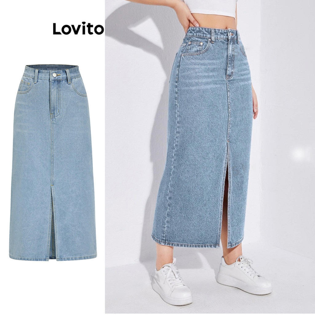 Lovito Casual Plain Washed Denim Skirts For Women L89ED089 | Shopee ...