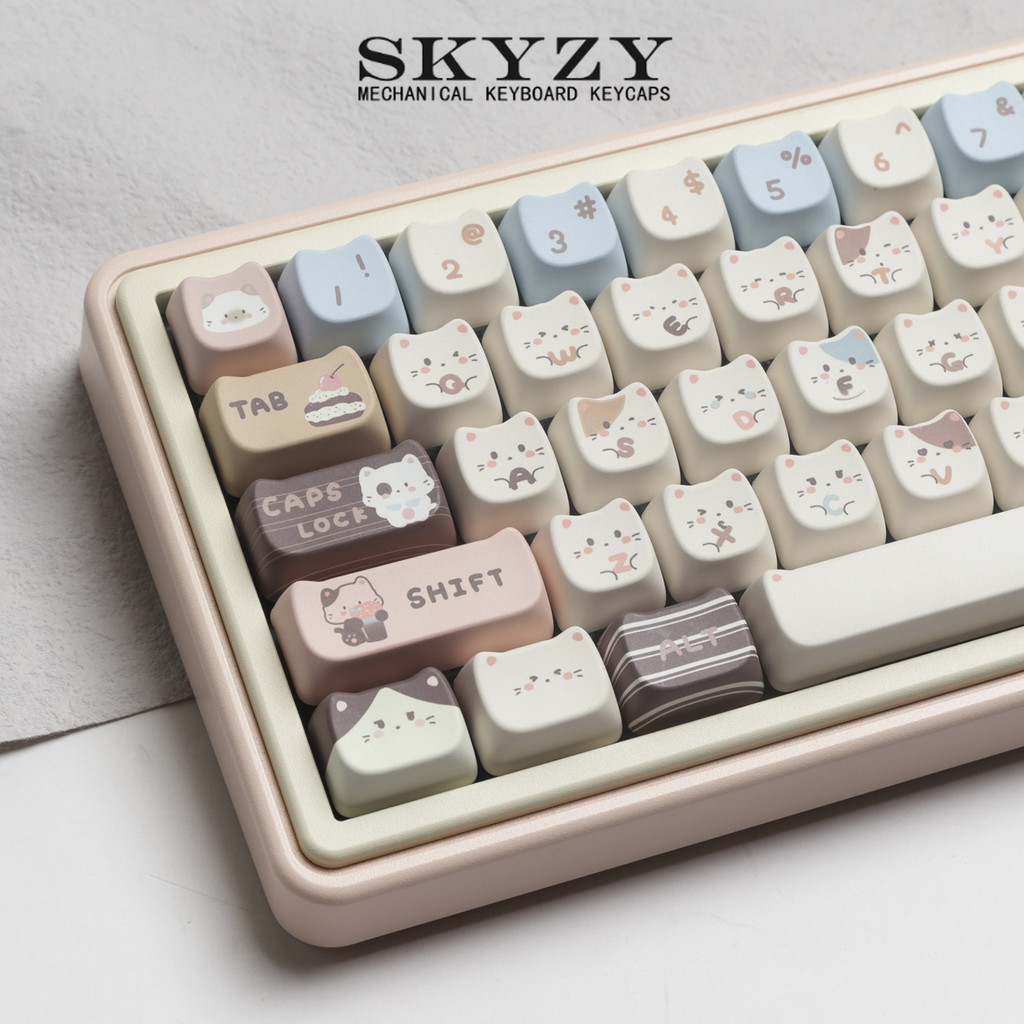 TYRIXKI PBT Keycaps 142 Keys Cute Keycaps Dye-Sublimation Sea Salt Cat
