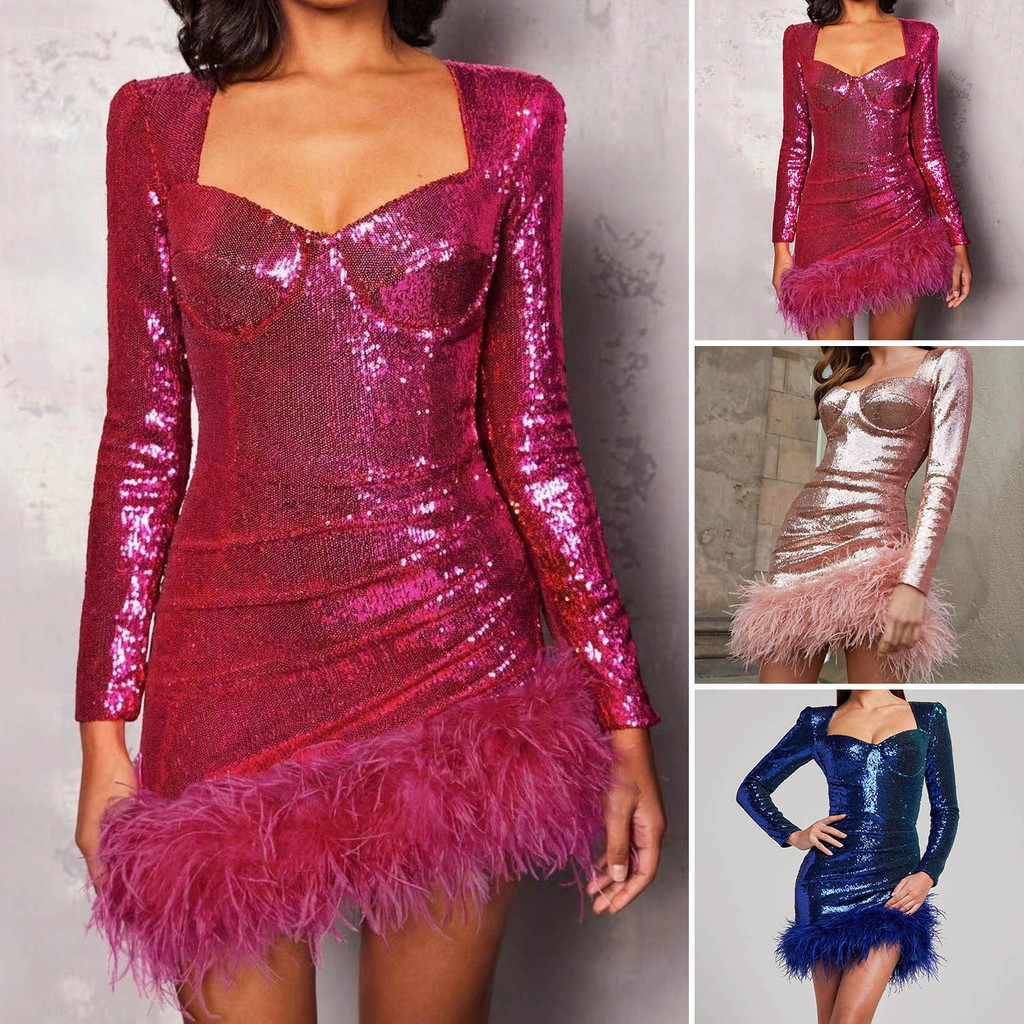 AM- Sexy Mini Dress Sequin Feather Chest Wrapping Evening Party ...