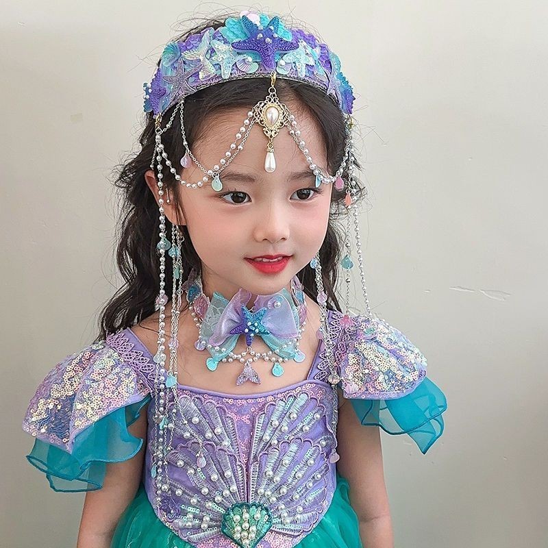 Girls Headwear Crystal Tassel Forehead Chain Mermaid Princess Crown ...
