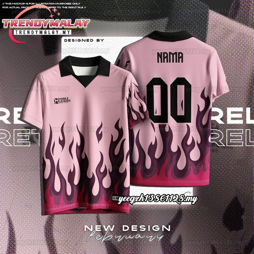 Custom Baju Bola Jersey Flame Design Pink Retro Collar T Shirt Viral ...