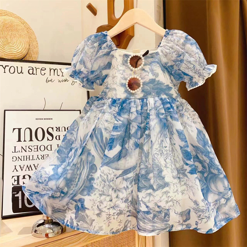 Bear Leader Children's Summer Girl Princess Blue Flower Bubble Sleeve ...