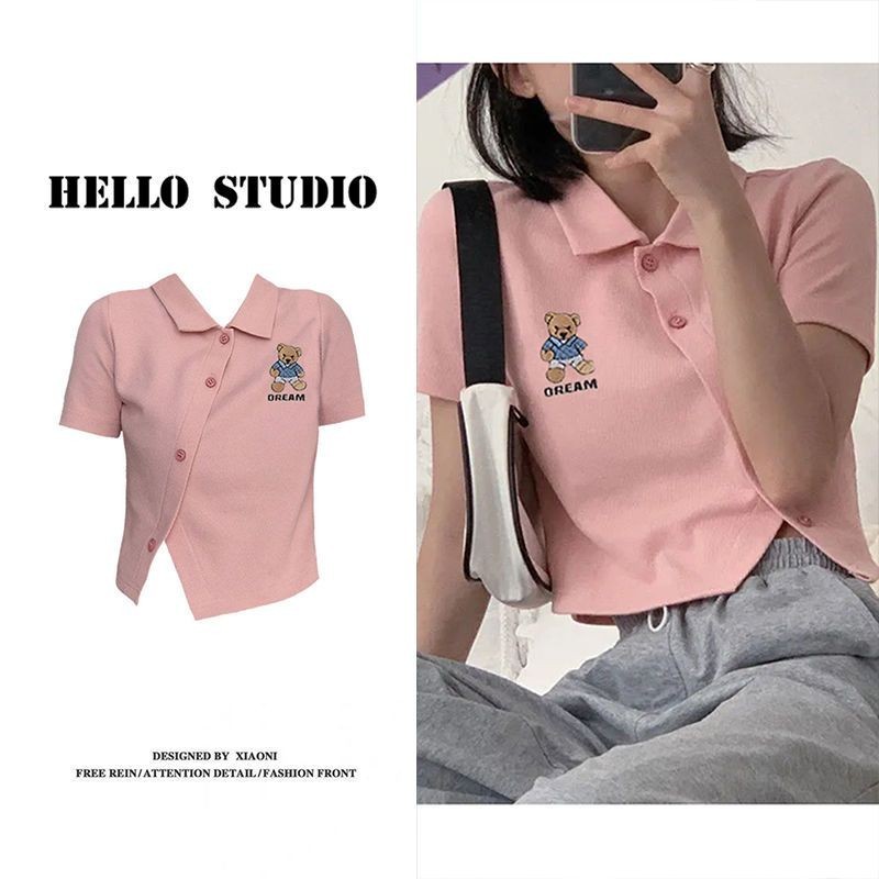 Polo Collar T-shirt Top Female Student Pink High Waist Cropped Short 