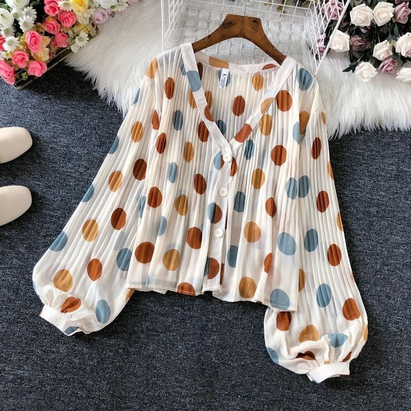 Summer 2025 Korean Style Women's V-neck Lantern Sleeve Pleated Chiffon ...
