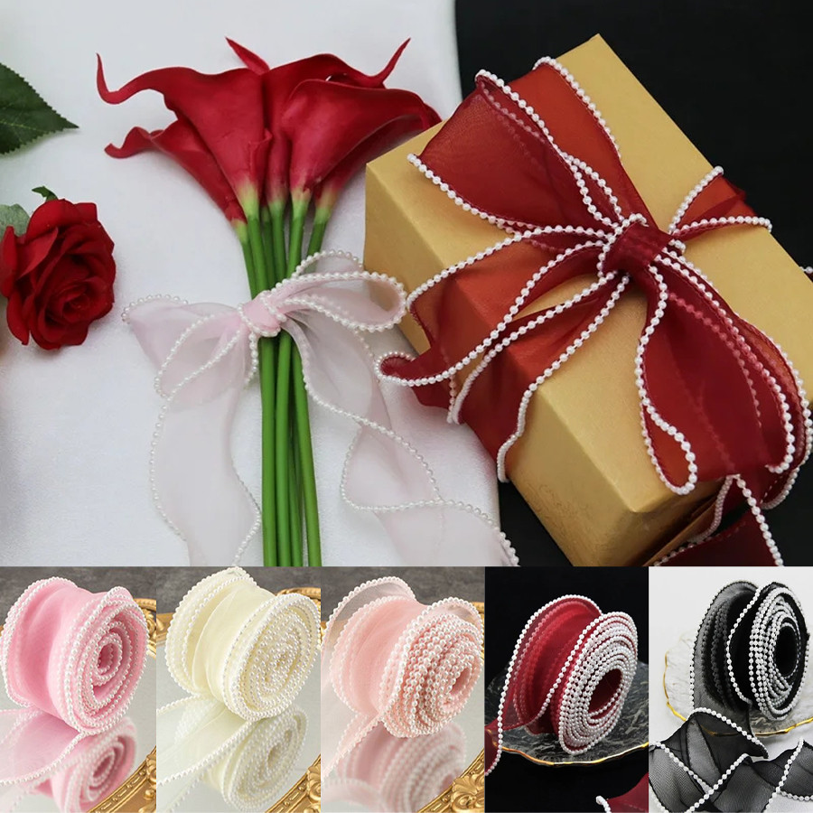 4.5M/Roll Pearl Fishtail Chiffon Gift Ribbons Organza Wired Ribbon for ...