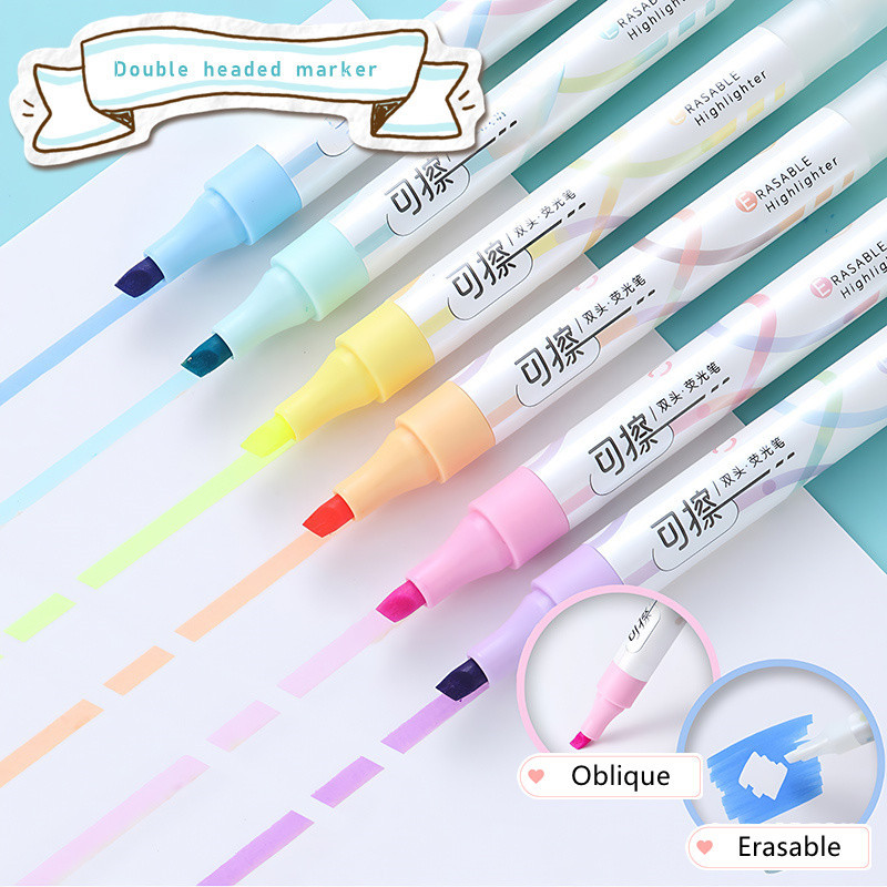 Set of 6 Colors Kawaii Erasable Highlighters Double Headed Note Taking ...