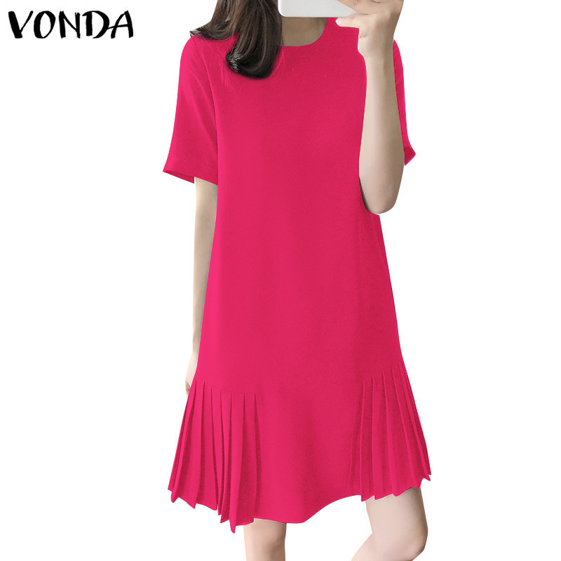 VONDA Women Korean Casual Round Neck Solid Color Short Sleeve Dress Shopee Malaysia