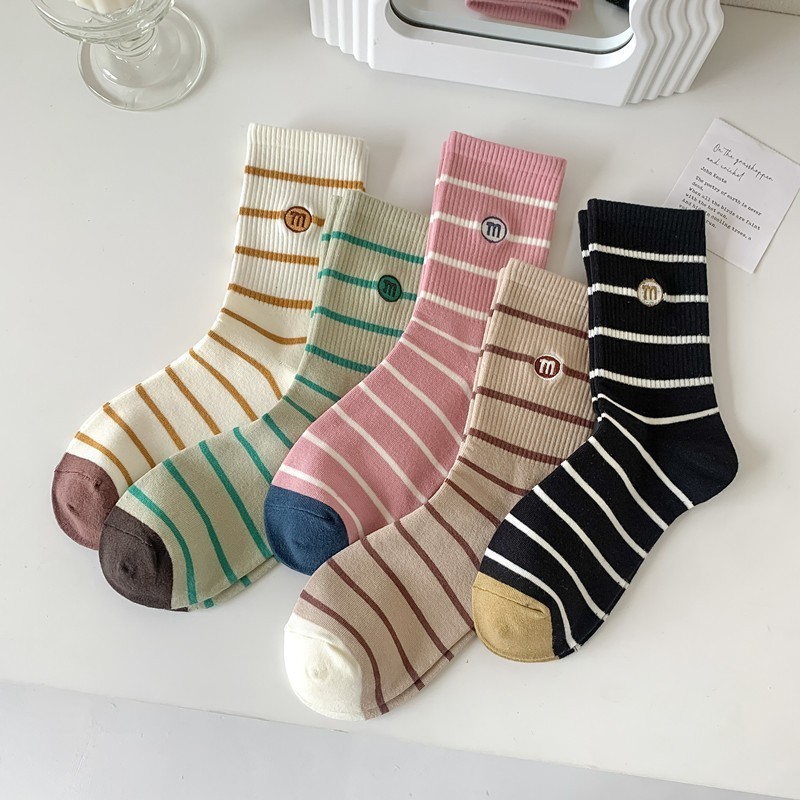 Women Retro Style Colorful Striped Dress Socks Cotton Cute Embroidered ...