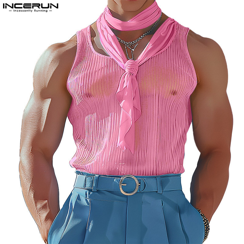 INCERUN Men Korean Ribbon Designs Stripes See-through Sleeveless Tanks ...