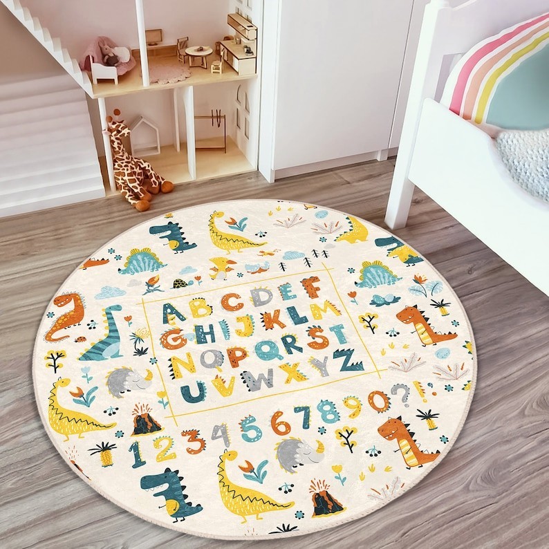 Letters and Numbers Kid's Rug|Dinosaur Figured Educational Carpet ...