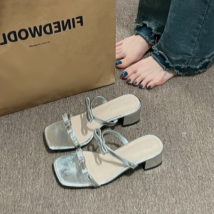 Low Heel Women s Sandals Korean Version Fashion PU Bow Thick Heel Open Toe Sandals Size 35 42 Shopee Malaysia
