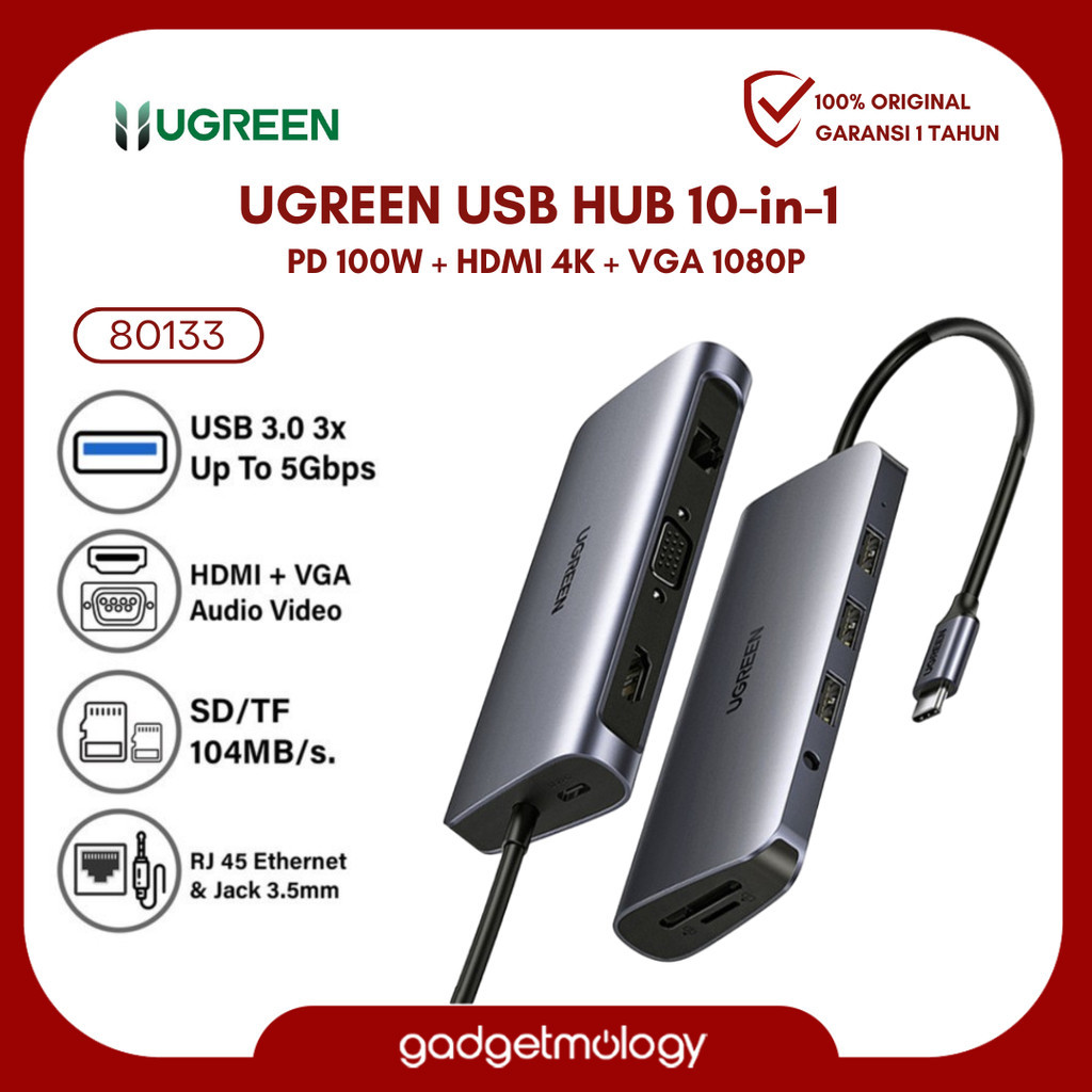 UGREEN USB HUB 10in1 Multiport Type C to LAN RJ45 HDMI VGA SD Card Aux ...