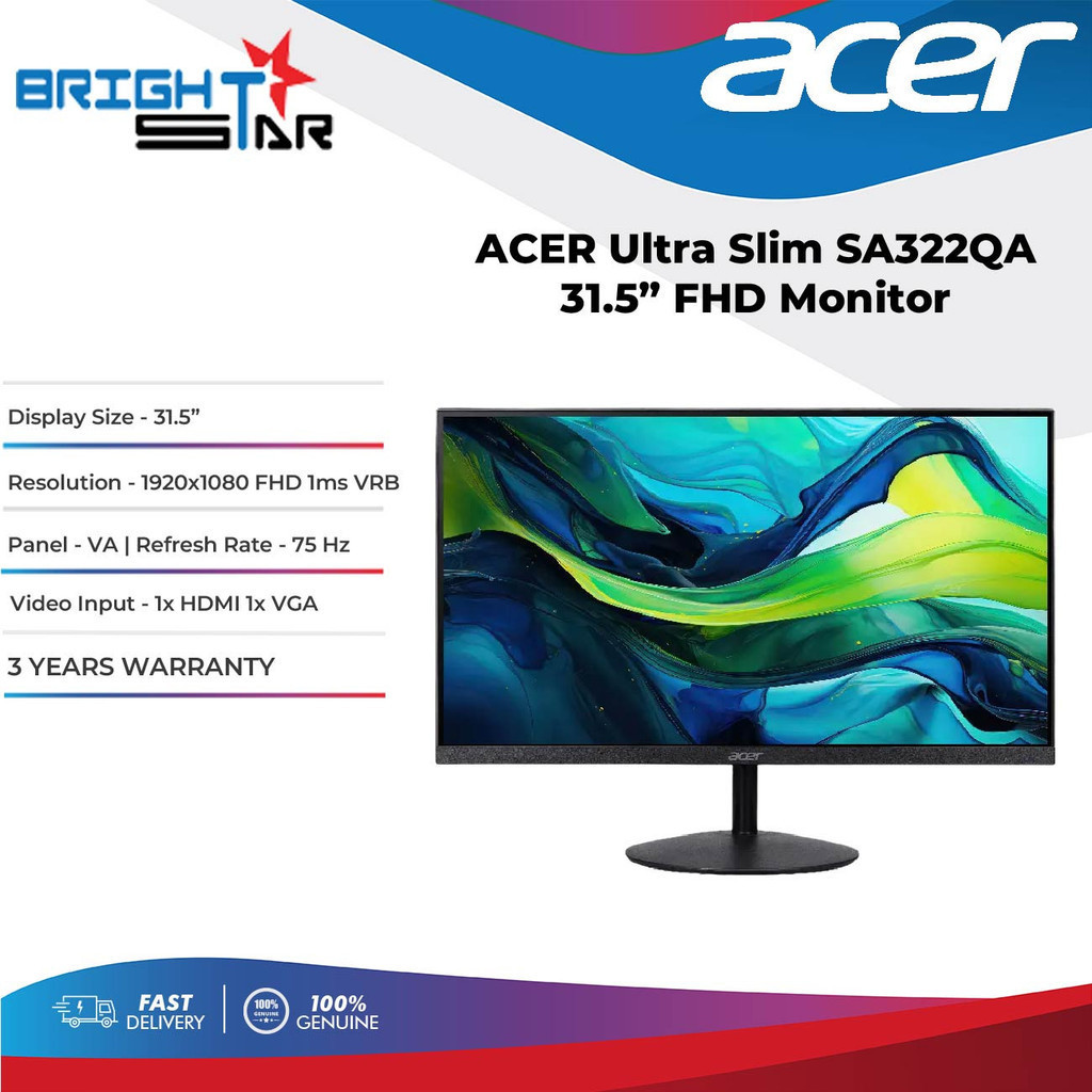 Acer SA322QA 31,5 Zoll Monitor – Full HD IPS, 75 Hz, AMD FreeSync, Für Büro & Gaming
