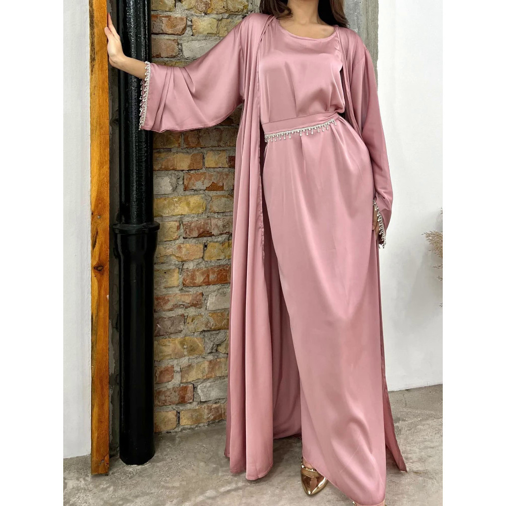 Eid Silky Satin Party Abayas Set 2 Piece Ramadan Women with 2 Diamond Chains Cardigan Robe