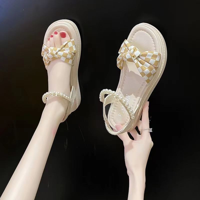 Sandals Women Outer Wear Checkerboard Bow Pearl Design 2024 Summer New ...